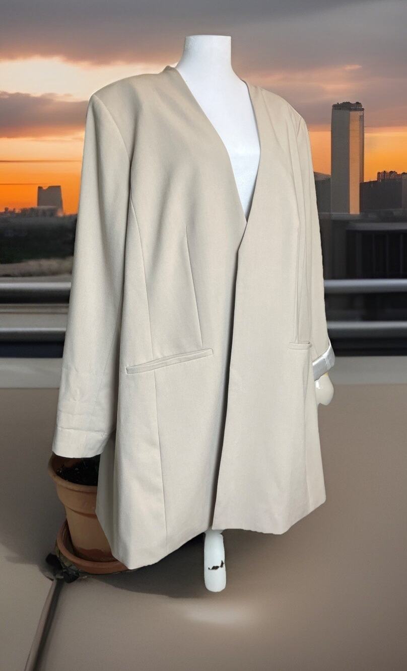CK Calvin Klein Womens 22W Beige Tan Open Front Collarless Blazer Jacket Classic
